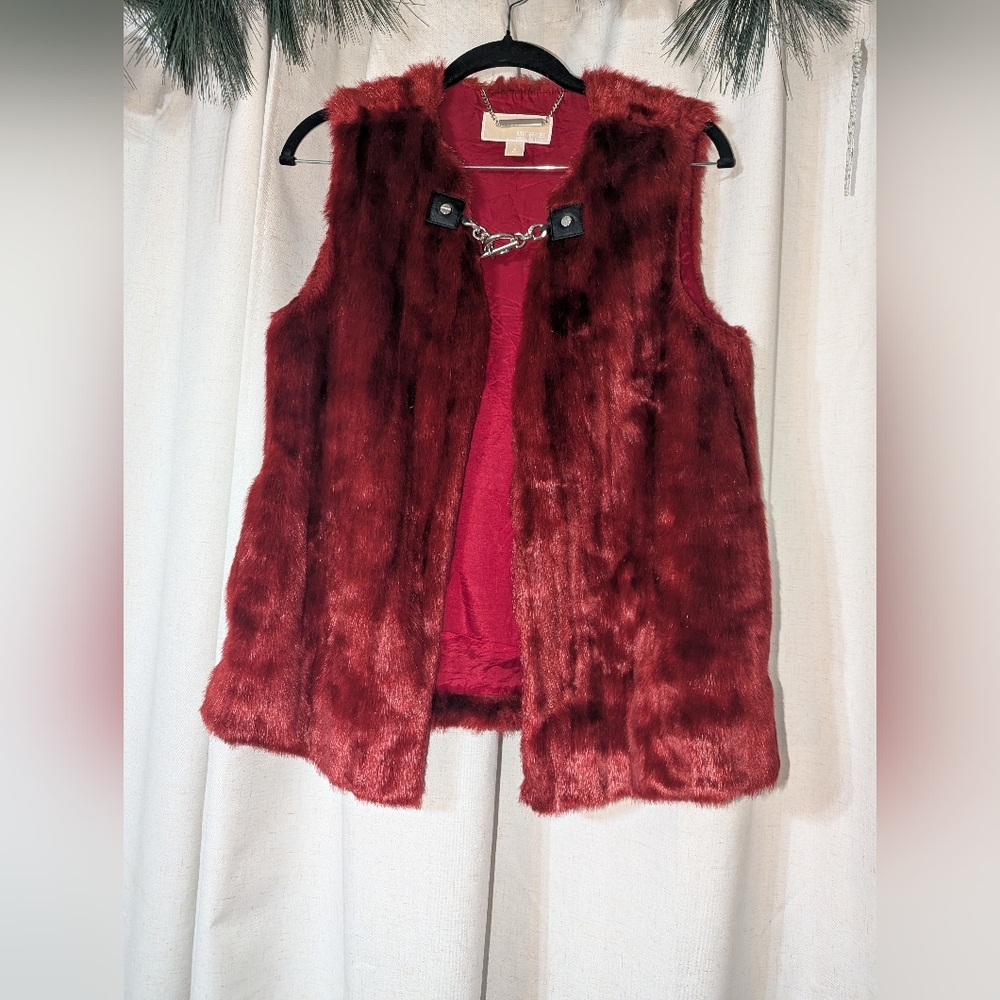 Michael Kors Red Faux Fur Vest With Pockets